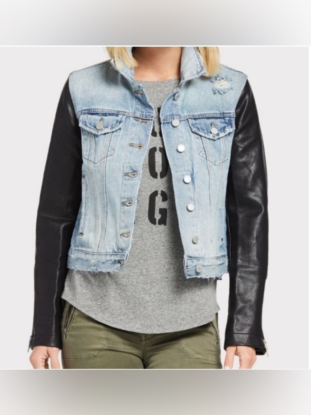 Blank NYC Distressed Denim Jean Jacket With Faux Leather‎ Sleeves Small